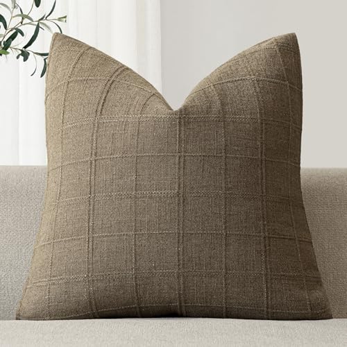 Foindtower Set of 1 Decorative Linen Check Throw Pillow Cover Neutral Farmhouse Vintage Cushion Cover Modern Boho Home Decor for Sofa Chair Couch Bedroom Living Room Outdoor,16×16 Inch,Light Brown - color: Brown, size: 16" x 16" (Pack of 1)