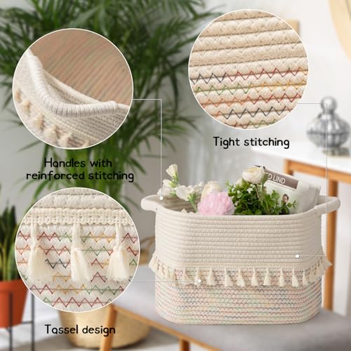 TeoKJ Woven Baskets for Storage, Set of 3 Cotton Rope Basket with Handle for Decor and Storage, Cute Baskets for Organizing in Classroom, Kitchen, Bathroom, White & Stitches Rainbow - color: Stitches Rainbow, size: 3 Pack
