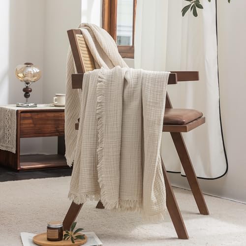 FOSSA Muslin Blanket with Fringe - 4-Layer 100% Cotton Gauze Super Soft & Breathable Throw -Lightweight Decorative Cooling Blanket for Bed, Sofa, Office -Throw XL Size 50" × 70" (Beige) - color: Beige, size: Throw XL (50" × 70")