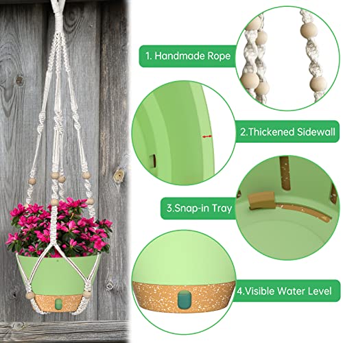 ZMTECH 2 Pack 10 Inch Hanging Planters with Macrame Plant Hanger for Indoor and Outdoor Plants, Self Watering, Drainage Hole, Visible Level Tray, Green - color: Green (Macrame), size: 10 Inch