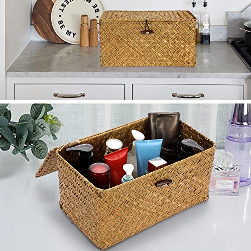 Hipiwe Wicker Shelf Baskets Bin with Lid, Handwoven Seagrass Basket Storage Bins Rectangular Household Basket Boxes for Shelf Wardrobe Home Organizer, Caramel Medium - color: Caramel, size: Medium