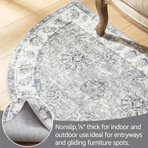 jinchan Fiora Washable Small Area Rug, 2x3 Half Circle Floral Entryway Rug, Low Pile Half Moon Doormat Soft Non Slip Dirt Trapping Carpet for High Traffic Kitchen Bathroom Vanity, Distressed Grey - color: Distressed Grey, size: 1'9" x 3' (Semicircular)