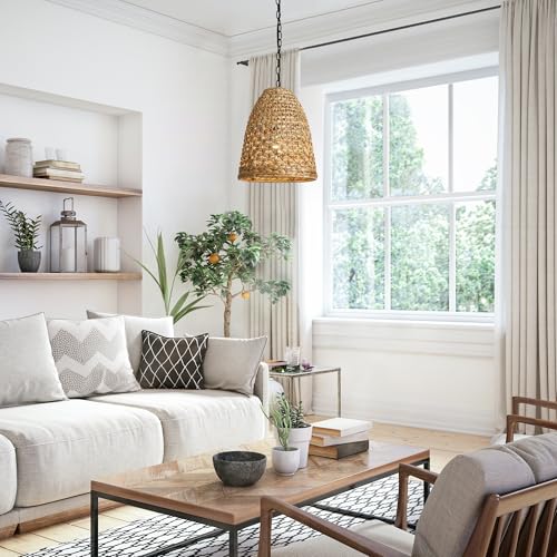 KSANA Boho Rattan Pendant Light, 1-Light Handwoven Wicker Hanging Light, 13" Natural Farmhouse Pendant for Kitchen Island, Dining Room & Entryway - size: 13"