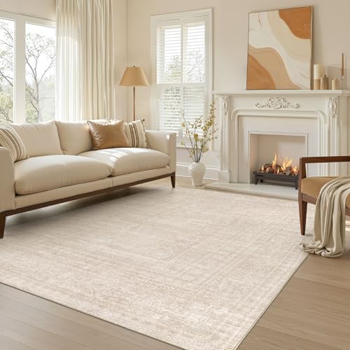 Nakagishi 5X8 Area Rugs Living Room: Washable Large Vintage Rug Neutral Non-Slip Soft Stain Resistant Indoor Carpet for Bedroom Nursery Dining Room Office Playroom - Beige - color: Beige, size: 5' x 8' (Rectangular)