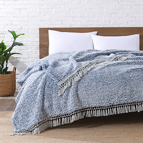 Ultra Soft Fleece Sherpa Blanket Queen Size,Lightweight Cozy Boho Bed Blanket with Decorative Tassel, Pattern Reversible, 2 Tones Ombre Blue, 90”x90” - color: Blue With Tassel, size: Queen-90" x 90"
