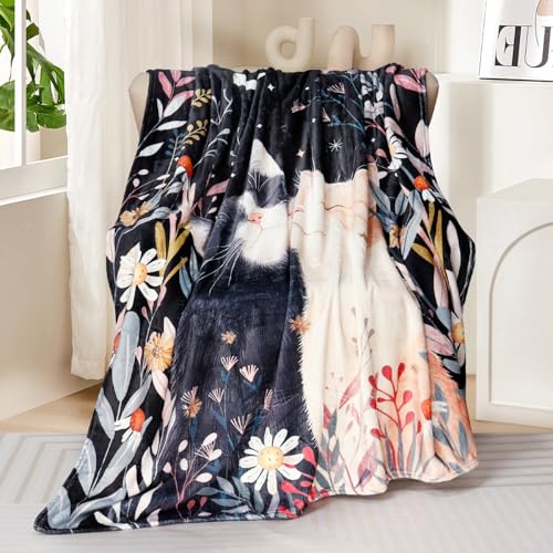 Cat Throw Blanket for Cats Lover Floral Plant Bed Blanket Moon and Star Blankets Cozy Fuzzy Plush Throw Blanket for Couch Chair 50"x 60" - color: Cat, size: 50" X 60"