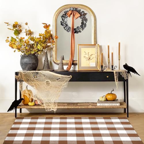 Ckorzen Coffee and White Plaid Rug,28" x 43" Outdoor Front Porch Door Decor Mat, Washable Cotton Woven Farmhouse Area Rug for Layered Door Mats Carpet, Entryway, Easter Décor - color: Coffee & White, size: 2'4" x 3'7" (Rectangular)