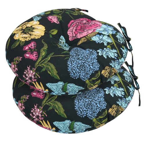 FUNHOME 15"x15"x4" Bistro Chair Cushion Set of 2, Water Repellent Round Outdoor Chair Cushions with Ties, Patio Tufted Chair Pads for Home Garden (Black Flower Butterfly) - color: Black Flower Butterfly