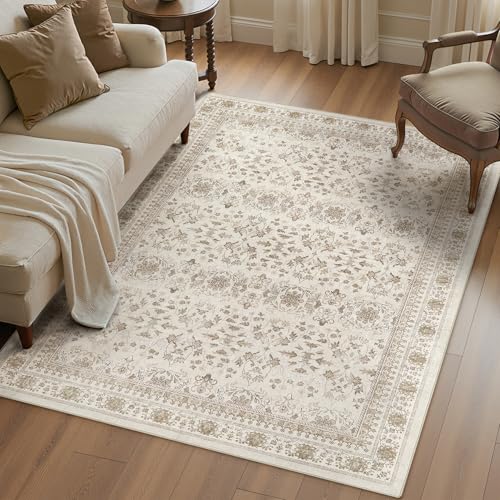 WITSHOCK 5x7 Area Rugs for Living Room - Washable Vintage Rug Retro Antique Dark Large Non Slip Low Pile Soft Indoor Floor Carpet for Bedroom Dining Room Home Decor, Beige - color: Beige/Antique Brown, size: 5' x 7' (Rectangular)