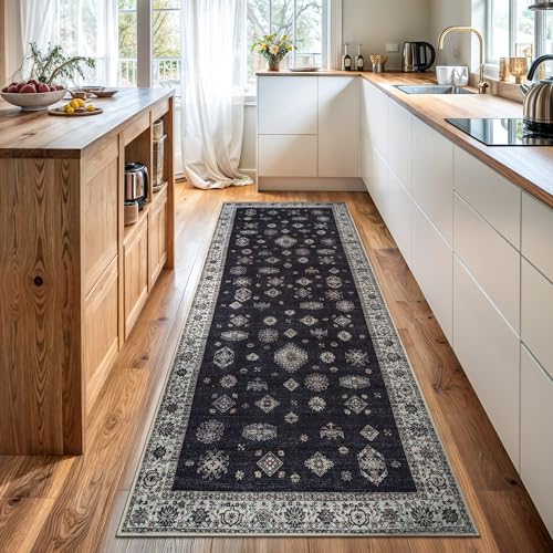 Bloom Rugs Washable Non-Slip 12 ft Runner - Black/Ivory Traditional Runner for Entryway, Hallway, Bathroom, and Kitchen - Exact Size: 2.5' x 12' - color: Black / Ivory, size: 2'6" x 12' (Runner)