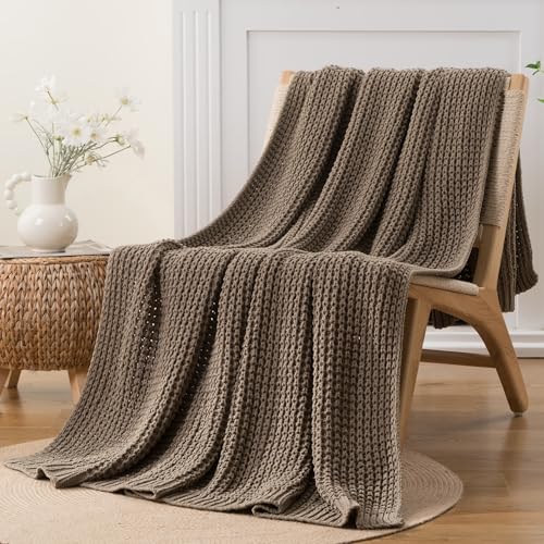 Bunnikins & Clover Knitted Waffle Throw Blanket 50x60 Inches, Camel Tan Throw Blanket for Couch, Tan Blanket Fluffy Cozy Knit Soft Throws for Women Mothers Birthday Gifts - color: Camel, size: 50"x60"