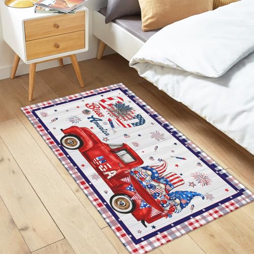 4th of July Area Rug 2x3 Patriotic Truck Gnome Stars Holiday Decorative Entry Rugs Independence Memorial Day Small Non-Slip Low Pile Front Door Mat Indoor Outdoor Entryway Carpet - color: 4th of July Truck Gnome