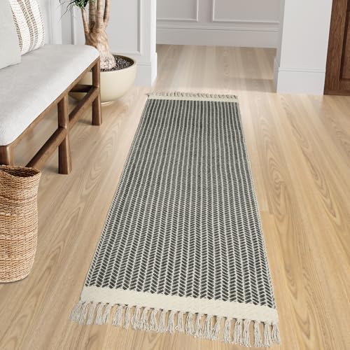 Lahome Belle Boho Hallway Runner Rug, 2x6 Laundry Room Lightweight Entry Bathroom Woven Cotton Throw Mat with Tassels, Farmhouse Non Shedding Washable Grey Rug Low Pile Runner for Kitchen - color: Grey, size: 2' x 6' (Runner)