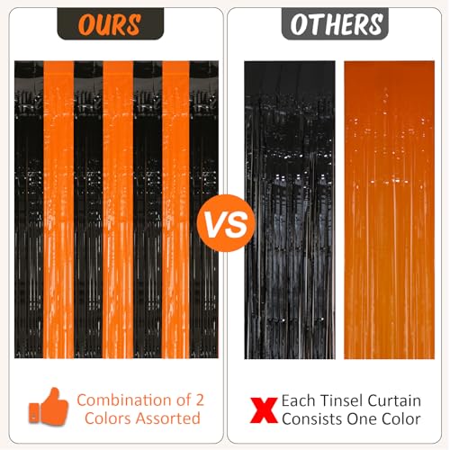 PIGETALE 2 Pack Black and Orange Tinsel Foil Fringe Curtain, 3.2Ftx8.2Ft Halloween Backdrop Curtains Photo Booth Props Streamers Christmas Birthday Party Anniversary Wedding Retirement Decorations - color: Orange and Black