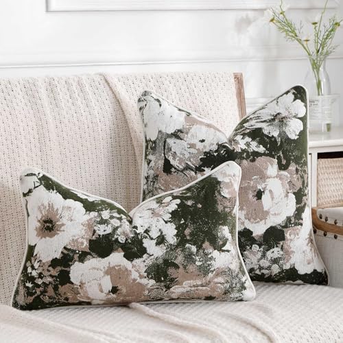 Vintage Floral Throw Pillow Covers 20x20 Set of 2 Neutral Boho Farmhouse Soft Chenille Jacquard Decorative Couch Pillow Covers for Sofa Couch Bed Living Room Home Décor Beige Green - color: Beige Green, size: 20" x 20" (Pack of 2)