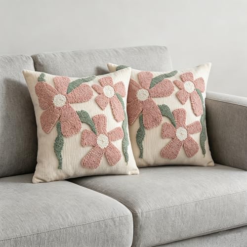 Summer Floral Throw Pillow Covers 18x18 Inch Set of 2, Chenille Embroidered Pillowcase with 3D Tufted Pink Flowers Sage Green Leaves, Boho Decorative Cushion Covers for Couch Sofa Bed - color: Pink, size: 18" x 18" (Pack of 2)