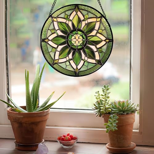 Stained Glass Window Hanging - White Green Boho Flower Suncatcher for Doors Window Home Sun Catchers Decor Christmas Mother's Day Birthday Gifts for Teacher Women Men Mom Nana 6.3 in - color: Green and White, size: 6.3x6.3 IN