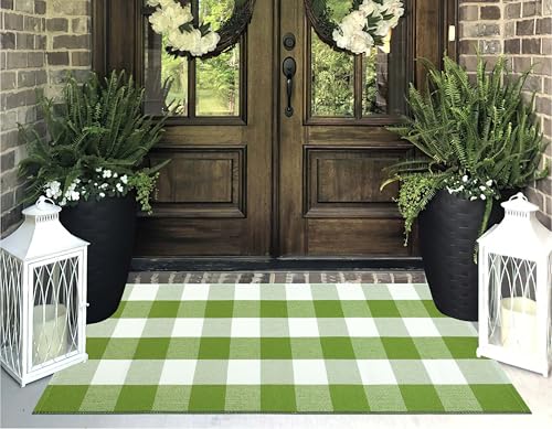 2x4 Outdoor Rug,Green and White Buffalo Plaid Rug Cotton Woven Machine Washable Outdoor Front Door Mat for Indoor Outdoor Front Porch,Entryway,Entrance - color: Green White, size: 2' x 4'3" (Rectangular)