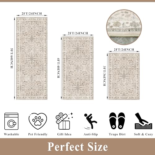 3-Piece Kitchen Rug Set of 3 with Runner – Non-Slip Washable Boho Kitchen Mats for Sink, Floor, Entryway & Hallway & Bathroom – Soft Small Throw Area Rugs, Home Decor (Beige,2x3+2x4+2x5) - color: Beige, size: 2' x 3' + 2' x 4' + 2' x 5' (Rectangular)