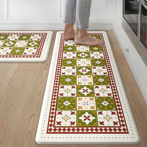 GENIMO Anti Fatigue Kitchen Mats for Floor, Cushioned Non Slip Kitchen Rug, Waterproof Kitchen Floor Mat Runner, Kitchen Mat for Laundry, Sink, Office, Entryway, 17.3"x47"+17.3"x30", Green - color: Mix Green, size: 17.3"x47"+17.3"x30"