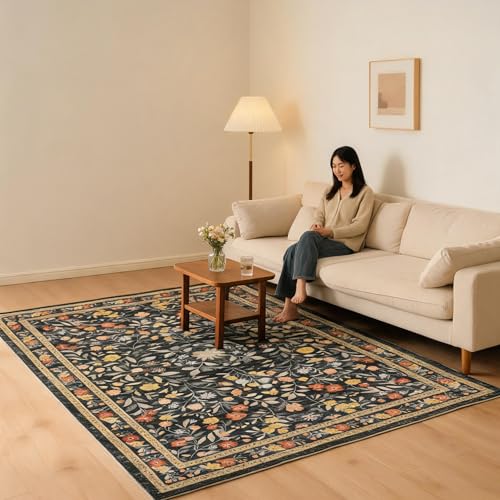 Area Rug for Living Room Ultra Thin Washable Floral Area Rug Non-Slip Boho Flower Carpet - Soft Indoor Throw Rug for Girls Room, Nursery, Playroom - color: Black, size: 5' x 7'