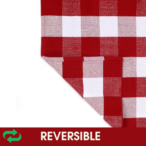 Christmas Red and White Plaid Rug - 24 x 51 Inches Outdoor Front Door Decor Mat Cotton Washable Hand-Woven Rug Christmas New Year Holiday Porch Entryway Layered Doormat - color: Red & White Plaid, size: 2' x 4'3" (Rectangular)