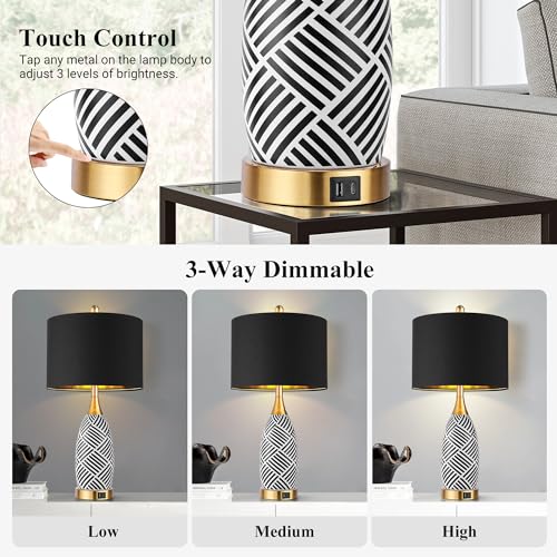 25.5" Touch Control Black and Gold Lamp,3-Way Dimmable Modern Ceramic Table Lamps with USB & Type-C Ports,Classic Black/White Striped Bedside Lamps for Bedroom Living Room Office(Bulbs Included)