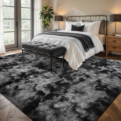 Area Rugs for Living Room 9x12 Black Grey Fluffy Rug,Super Fuzzy Fur Bedroom Carpet for Boys Dorm Office Nursery Modern Home Decor - color: A-tie-dye Darkgrey, size: 9' X 12' (Rectangular)