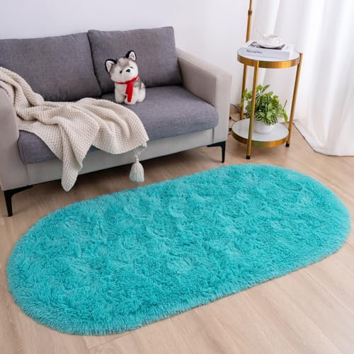 Goideal Fluffy Bedroom Rug, Small Oval Area Rugs, Teal Shag Bedside Carpet for Kids Room Nursery Dorm Cute Fuzzy Indoor Decor for Boy and Girl, 2.6 x 5.3 Feet - color: Teal