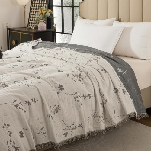 Lemfux 4-Layer 100% Cotton Muslin Cooling Blanket, Boho Floral Gauze Throw with Fringe, Ultra Soft Breathable Lightweight Bedspread Coverlet for Bed Sofa Couch (White-Dark Grey Floral, 60"x80") - color: White-dark Grey Floral, size: 60"x80"