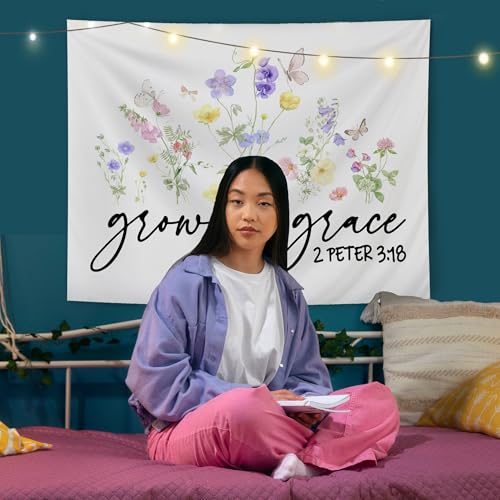 AQYIP Floral Christian Tapestry, Grow in Grace Butterfly Wildflowers Floral Tapestry, Bible Verse Wall Blanket Decor for Home Living Room Bedroom, 50x60 Inch - color: 2 - grow in grace