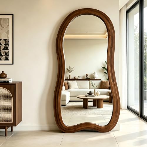 Irregular Full Length Mirror, 71"x33.5" Oversized Organic Floor Mirror with Triple-Layer Solid Wood Frame, Asymmetrical Full Body Mirrors for Entryway Hallway Living Room, Leaning/Hanging - color: Walnut, size: 71"L x 33.5"W