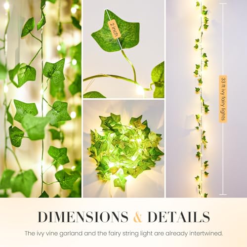 KASZOO 33ft 100 LED Vine with Fairy Lights with Remote, Fake Vines String Lights Battery/USB Operated, Ivy Garland, Leaf Lights for Bedroom Garden Party Wall Room Decor - color: IVY-USB/Battery Powered-100 LED-Copper Wire