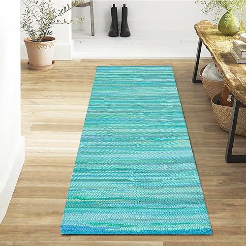 Cotton Hand Woven Chindi Runner Rug 2x6 Feet - Teal, Durable Rectangular Large Door Way Rag Rugs Ideal for Hallways, Kitchen, Bedroom, Nursery Room | Green Soft Reversible Floor Mat for Kids Space - color: Teal, size: 2' x 6' (Runner)