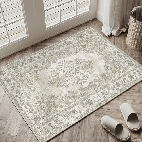 PureCozy 2x3 Area Rug Beige Washable Entryway Door Mat Indoor Vintage Medallion Floral Carpet Kitchen Bathroom Distressed Entrance Retro Small Non Slip Accent Throw Bedroom Office Dining Living Room - color: Vintage Beige/Cream, size: 2' x 3' (Rectangular