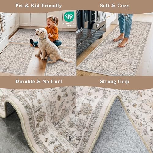 3x4 Entryway Rug Washable Non-Slip–Boho Floral Stain-Resistant Small Area Rug for Kitchen Bedroom Bathroom – Soft Low-Pile Thin Indoor Door Mat (Beige,3x4) - color: Beige, size: 3' x 4' (Rectangular)