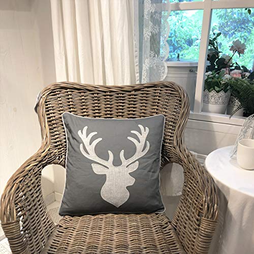 Deer Head Pillow Case Decorative Cotton Linen Embroidered Cushions Covers 18x18 Inches (Grey) … - color: Deer Head-grey
