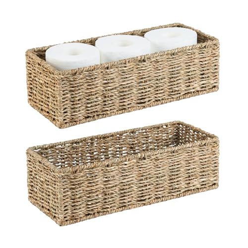 Small Wicker Baskets 2 Pack, Hand Woven Toilet Basket Tank Topper, Toilet Tank Basket for Bathroom Organizing, Seagrass Storage Baskets for Toilet Paper (14.4"Lx6.1"Wx4.4"H)