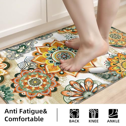 Boho Yellow Floral Kitchen Rugs Mats for Floor 2 Piece Memory Foam Padded Kitchen Mats Anti Fatigue Non Slip Cushioned Comfort Standing Mat, 17.3x28+17.3x47 Inch - color: Boho Yellow, size: 17.3"x28"+17.3"x47"-0.40Th[2PCS]