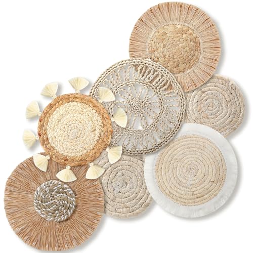 CroBlissful 7 Pcs Boho Wall Basket Decor Hanging Handcrafted Seagrass Woven Round Bohemian Basket Wall Decoration Art for Farmhouse Home Room Rustic Decorations Table, Multi Sizes(Vintage) - style: Retro