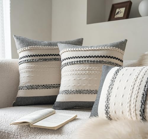 Cethom Boho Throw Pillow Covers 18x18 Inch Set of 2, Black Textured Decorative Couch Pillow Cases for Farmhouse Home Decor, Accent Cushion Cover for Sofa, Bed, Living Room, Bedroom - color: Black, size: 18" x 18" (Pack of 2)