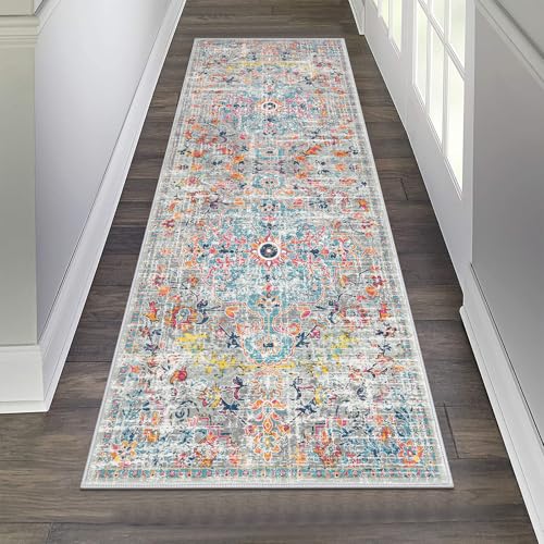 Pauwer Hallway Runner Rug 2'x6' Washable Boho Farmhouse Entryway Kitchen Runner Vintage Non Slip Laundry Room Bathroom Area Rugs Rubber Backed Front Door Foyer Bedroom Floor Mat Carpet Runner, Grey - color: Grey Multi, size: 2' x 6' (Runner)