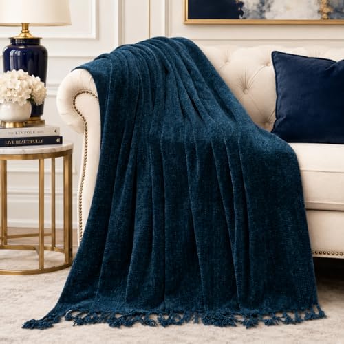 BATTILO HOME Navy Blue Chenille Throw Blanket for Couch, Soft Cozy Textured Knit Throw Blanket with Handmade Fringe Tassels, Lightweight Decorative Farmhouse Blanket for Sofa Bed Chair, 50"x60" - color: Navy