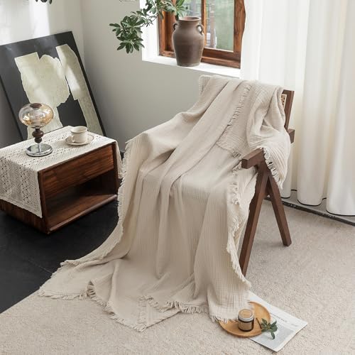 FOSSA Muslin Blanket with Fringe - 4-Layer 100% Cotton Gauze Super Soft & Breathable Throw -Lightweight Decorative Cooling Blanket for Bed, Sofa, Office -Oversize Queen Size 98" × 98" (Beige) - color: Beige, size: Oversize Queen (98" × 98")