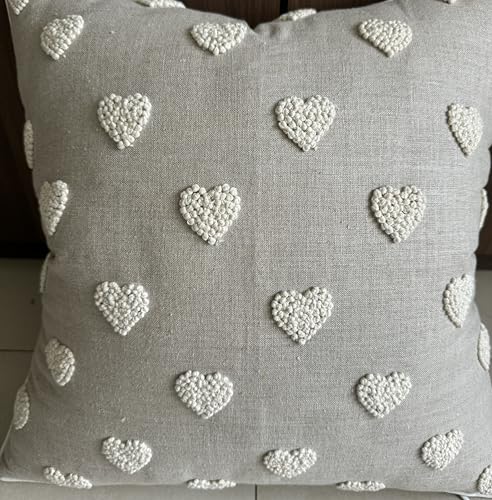 VAGMINE Hand Embroidered Heart Tufted 18x18 Throw Pillow Cover - Natural Linen Square Cushion for Sofa Couch Bed Nursery - Boho Valentine Decor - French Knots - color: Natural-french Knots, size: 18" x 18" (Pack of 1)