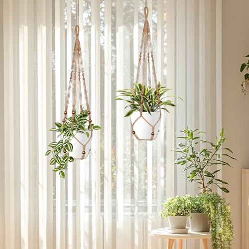 LEWESU Jute Macrame Plant Hanger Indoor Set of 4 Hanging Planter Basket Flower Pot Holder with Decorative Wood Beads & No Tassels for Indoor Outdoor Boho Home Decor, 35 Inch Brown (Pots Not Included) - color: Brown, size: 35" Set of 4