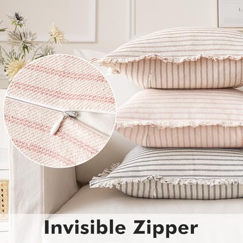 MIULEE Pack of 2 Pink Pillow Covers 18x18 Inch Striped Farmhouse Couch Spring Valentine Throw Pillow Covers with Fringe Chic Cotton Decorative Cushion Covers for Sofa Living Room Bed Home Decor - color: Pink, size: 18" x 18" (Pack of 2)