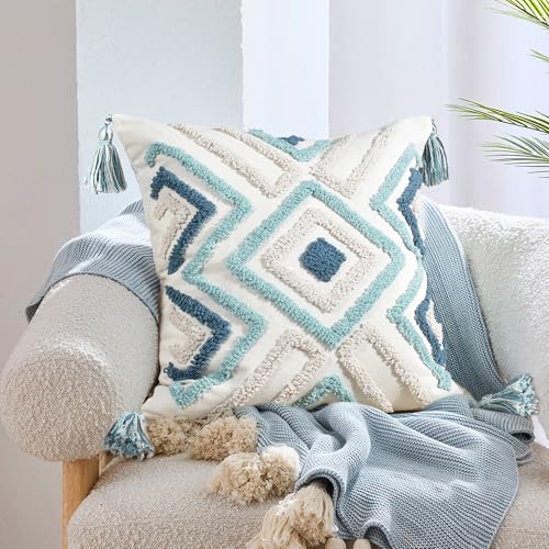 Boho Pillow Covers 18X18 Inch Boho Tufted Throw Pillow Covers Decorative Tassels Cushion Cover Farmhouse Pillow Case for Couch Sofa Bed Living Room Bedroom, Teal - color: Boho Multi-teal, size: 18" x 18" (Pack of 1)