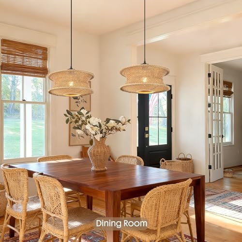 13" Boho Rattan Pendant Light Fixture, Hand Woven Hanging Ceiling Lamp for Kitchen Island, Dining Room, Entryway, Small Rustic Natural Woven Lighting