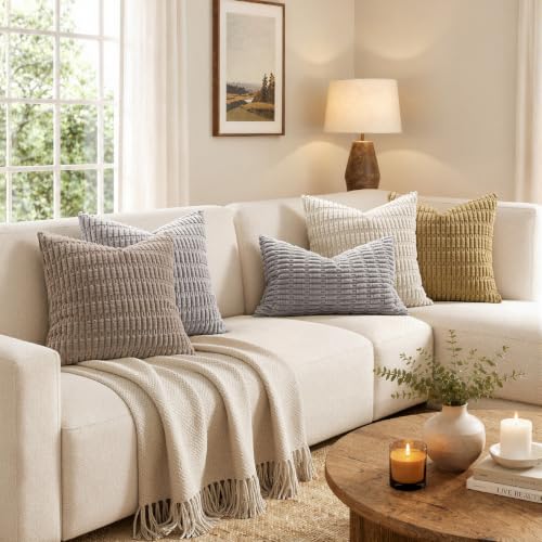MIULEE Pack of 2 Corduroy Decorative Throw Pillow Covers 12x12 Inch Soft Boho Striped Pillow Covers Modern Farmhouse Home Decor for Sofa Living Room Couch Bed Light Grey - color: Light Grey, size: 12" x 12" (Pack of 2)